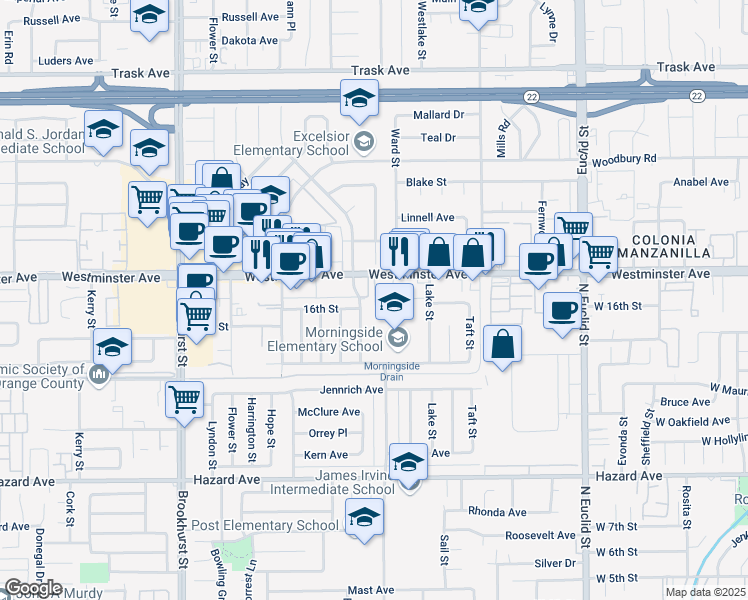 map of restaurants, bars, coffee shops, grocery stores, and more near 10500 Westminster Avenue in Garden Grove