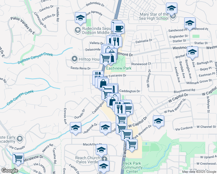 map of restaurants, bars, coffee shops, grocery stores, and more near 28742 Tollhouse Court in Rancho Palos Verdes