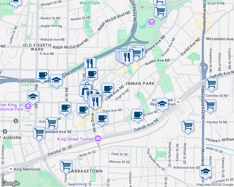 map of restaurants, bars, coffee shops, grocery stores, and more near 806 Lake Avenue Northeast in Atlanta