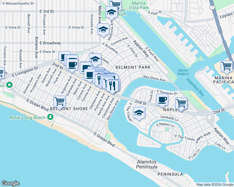 map of restaurants, bars, coffee shops, grocery stores, and more near 5353 2nd Street in Long Beach