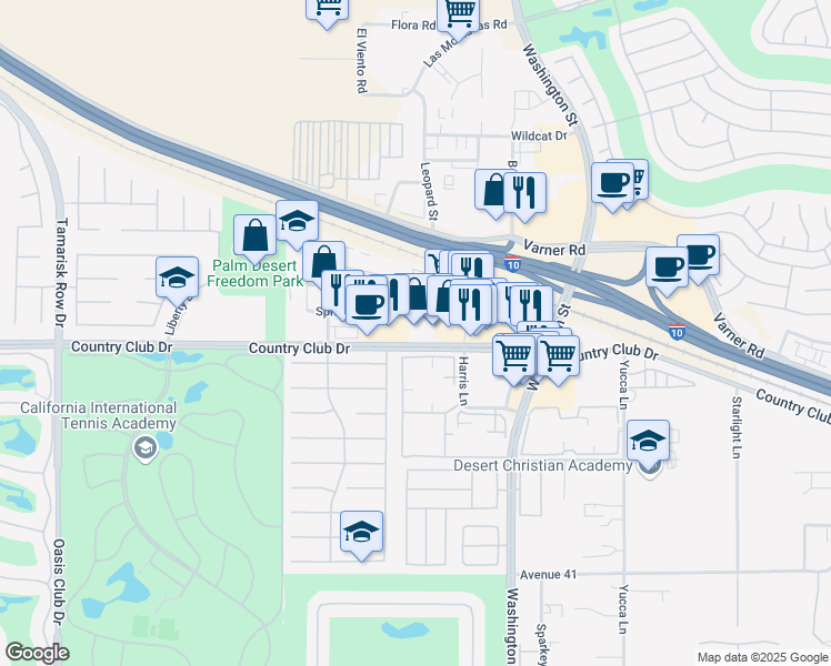 map of restaurants, bars, coffee shops, grocery stores, and more near 77770 Country Club Dr in Palm Desert