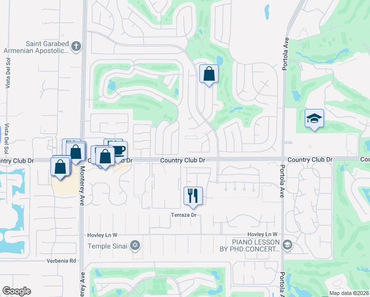 map of restaurants, bars, coffee shops, grocery stores, and more near 73502 Desert Greens Drive South in Palm Desert