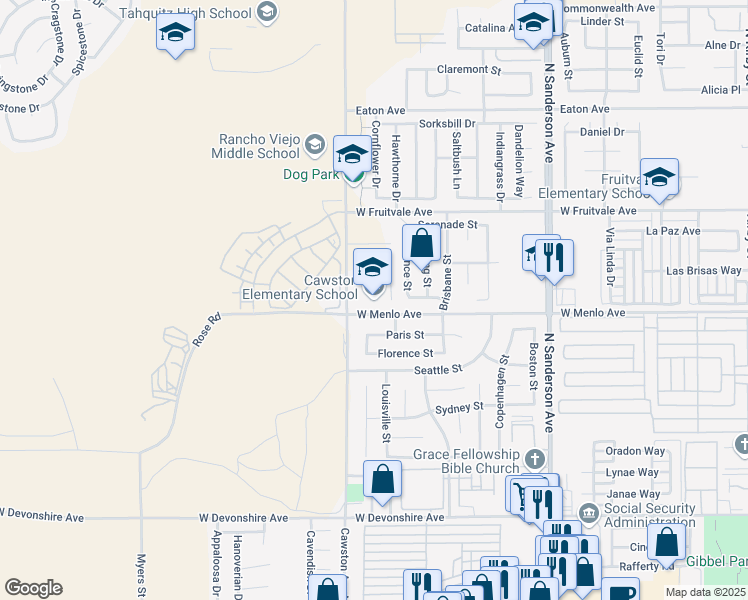 map of restaurants, bars, coffee shops, grocery stores, and more near 4000 West Menlo Avenue in Hemet