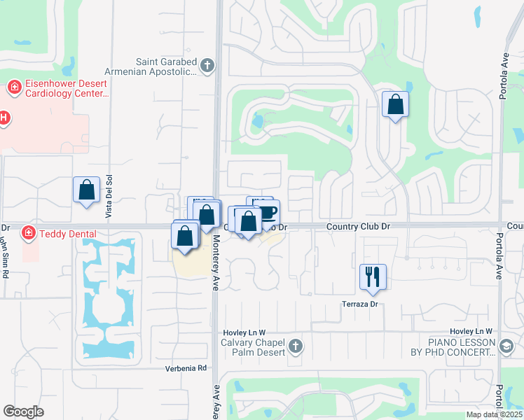 map of restaurants, bars, coffee shops, grocery stores, and more near 39905 Via Scena in Palm Desert
