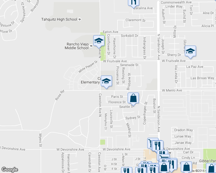 map of restaurants, bars, coffee shops, grocery stores, and more near 4000 West Menlo Avenue in Hemet