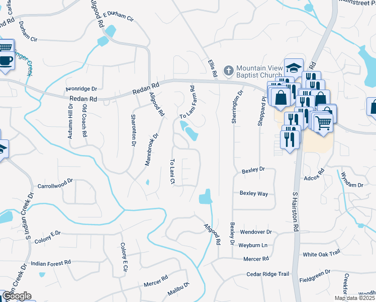map of restaurants, bars, coffee shops, grocery stores, and more near 1247 To Lani Farm Road in Stone Mountain