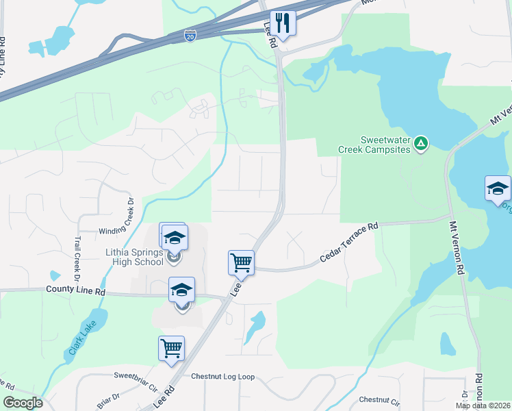 map of restaurants, bars, coffee shops, grocery stores, and more near 2376 Falls River Drive in Lithia Springs