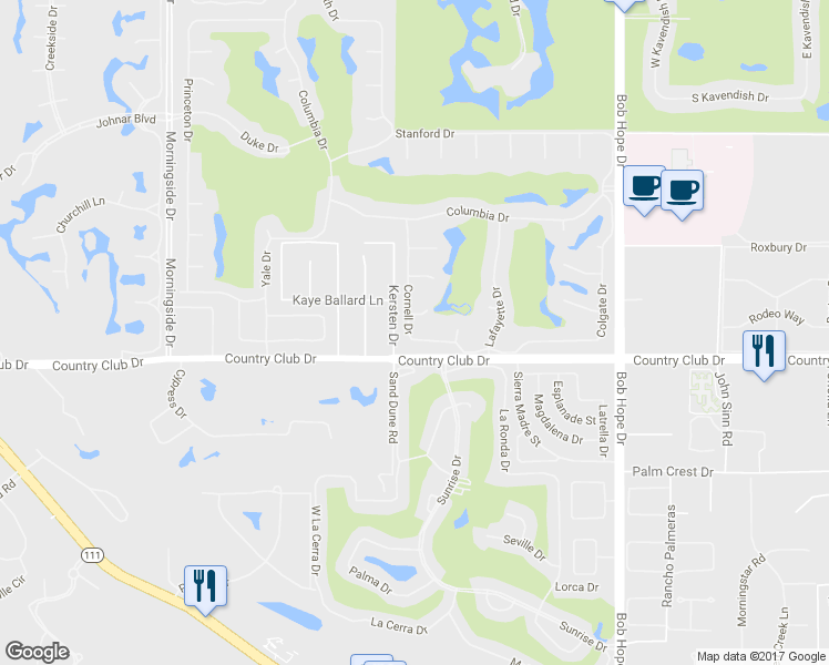 map of restaurants, bars, coffee shops, grocery stores, and more near 43 Cornell Dr in Rancho Mirage