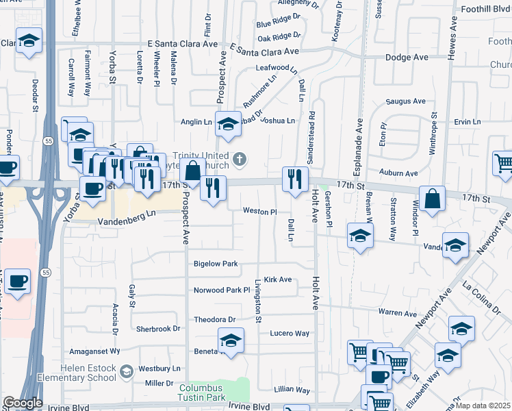 map of restaurants, bars, coffee shops, grocery stores, and more near 14072 Livingston Street in Tustin