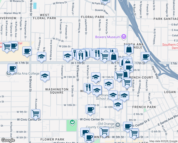 map of restaurants, bars, coffee shops, grocery stores, and more near 1615 North Parton Street in Santa Ana