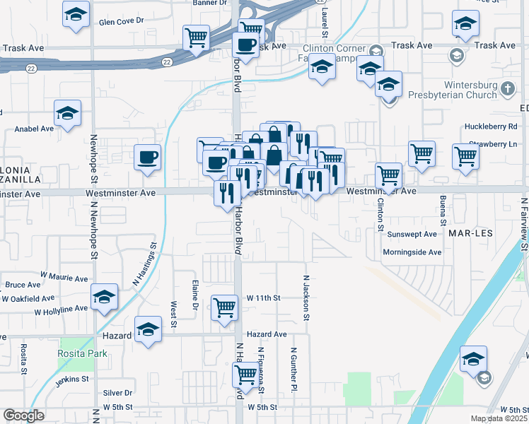 map of restaurants, bars, coffee shops, grocery stores, and more near 1518 North Bewley Street in Santa Ana