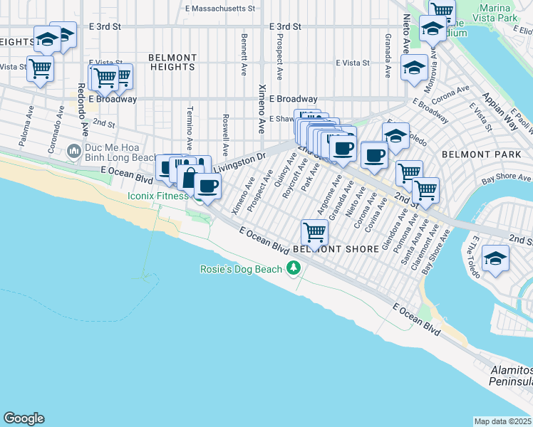 map of restaurants, bars, coffee shops, grocery stores, and more near 71 Quincy Avenue in Long Beach
