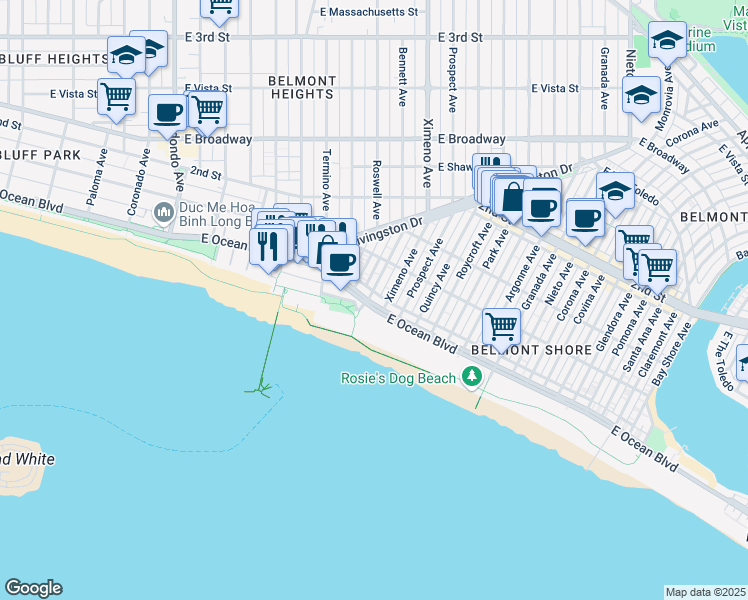 map of restaurants, bars, coffee shops, grocery stores, and more near in Long Beach