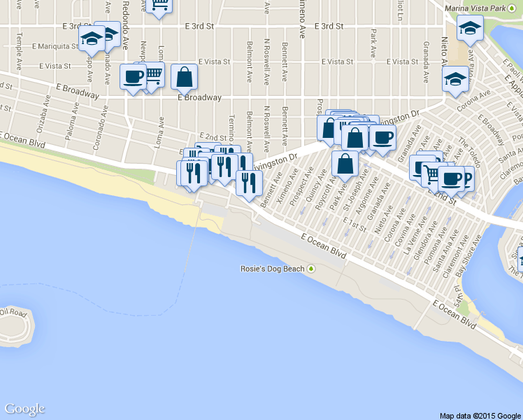 map of restaurants, bars, coffee shops, grocery stores, and more near in Long Beach