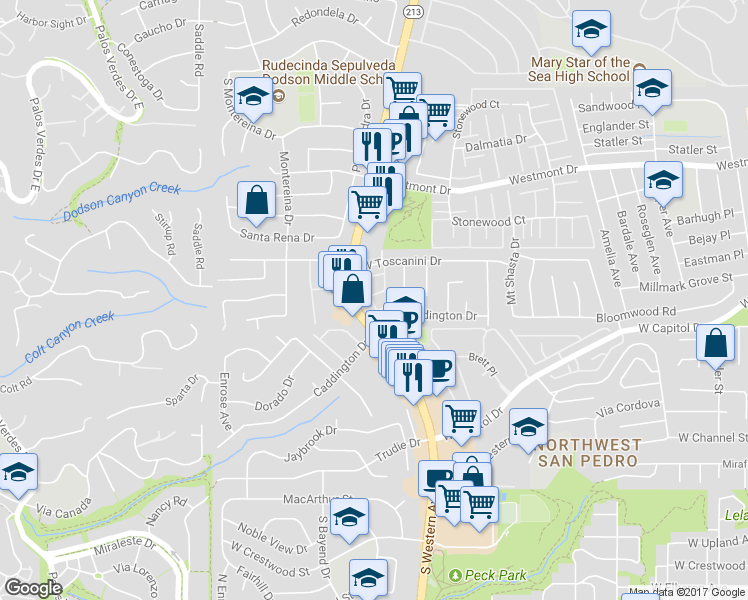 map of restaurants, bars, coffee shops, grocery stores, and more near 1704 Huntsman Court in Rancho Palos Verdes