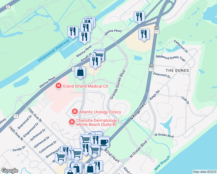 map of restaurants, bars, coffee shops, grocery stores, and more near Cipriana Drive in Myrtle Beach