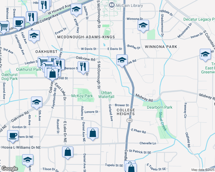 map of restaurants, bars, coffee shops, grocery stores, and more near 117 East Hill Street in Decatur