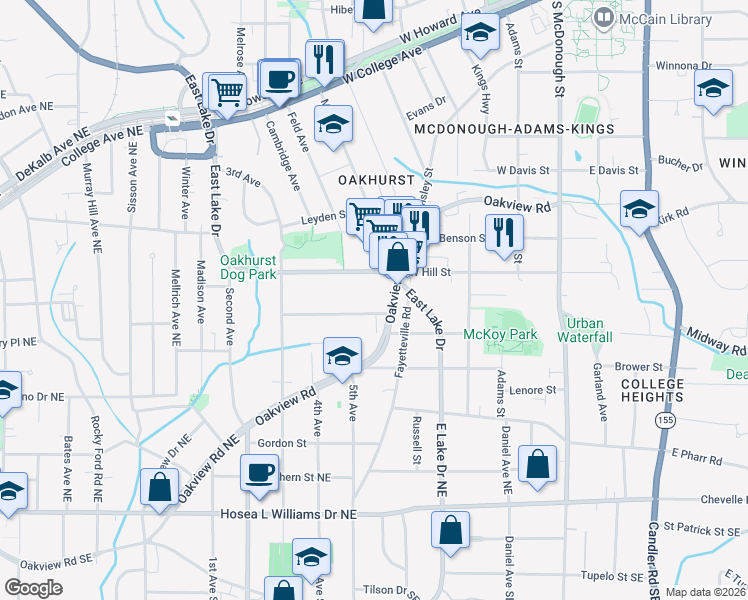 map of restaurants, bars, coffee shops, grocery stores, and more near 117 Maxwell Street in Decatur