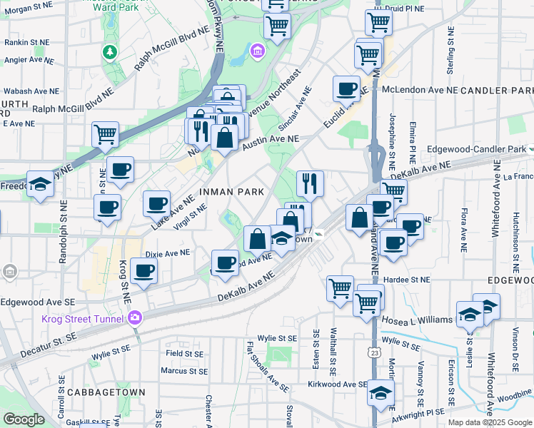 map of restaurants, bars, coffee shops, grocery stores, and more near 937 Euclid Avenue Northeast in Atlanta