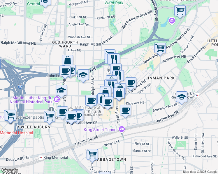 map of restaurants, bars, coffee shops, grocery stores, and more near 174 Sampson Street Northeast in Atlanta