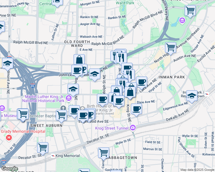 map of restaurants, bars, coffee shops, grocery stores, and more near 608 McGruder Street Northeast in Atlanta