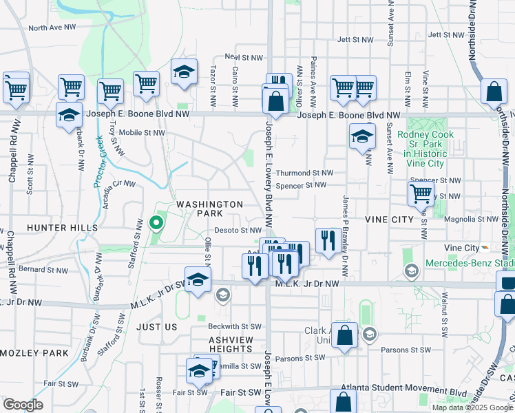 map of restaurants, bars, coffee shops, grocery stores, and more near 956 Mayson Turner Road Northwest in Atlanta