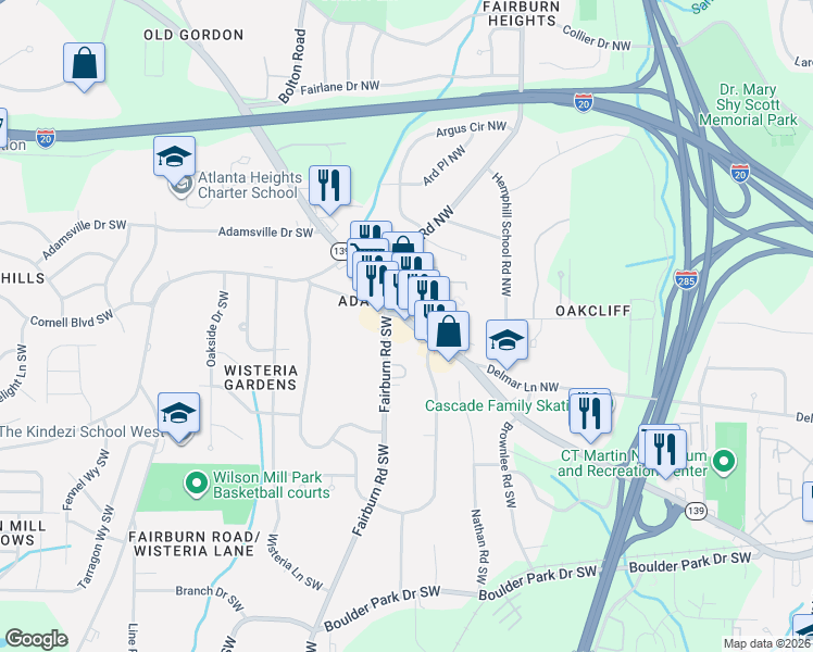 map of restaurants, bars, coffee shops, grocery stores, and more near 3561 Martin Luther King Junior Drive Southwest in Atlanta