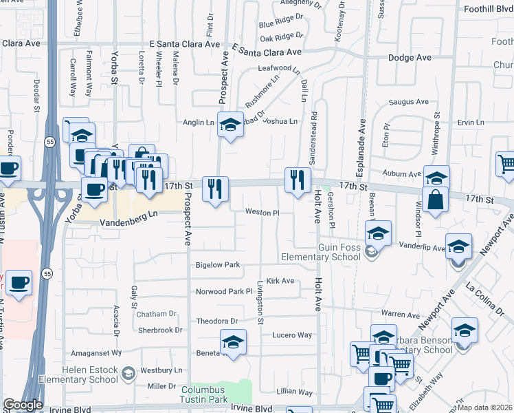 map of restaurants, bars, coffee shops, grocery stores, and more near 18021 Weston Place in Tustin
