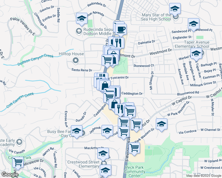 map of restaurants, bars, coffee shops, grocery stores, and more near 28742 Tollhouse Court in Rancho Palos Verdes