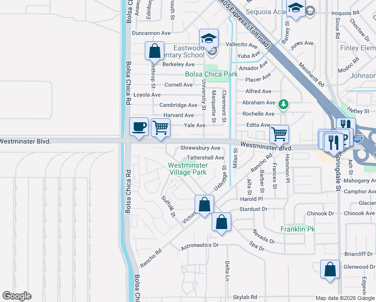 map of restaurants, bars, coffee shops, grocery stores, and more near 5302 Shrewsbury Avenue in Westminster