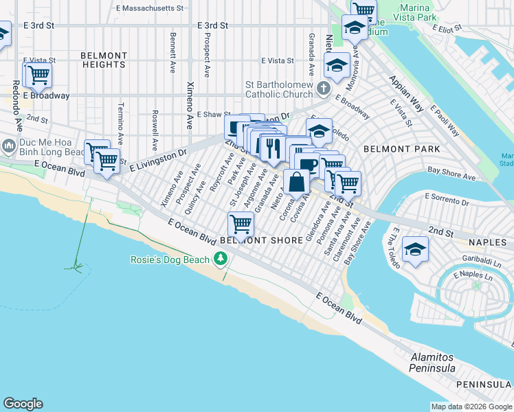 map of restaurants, bars, coffee shops, grocery stores, and more near 129 Granada Avenue in Long Beach