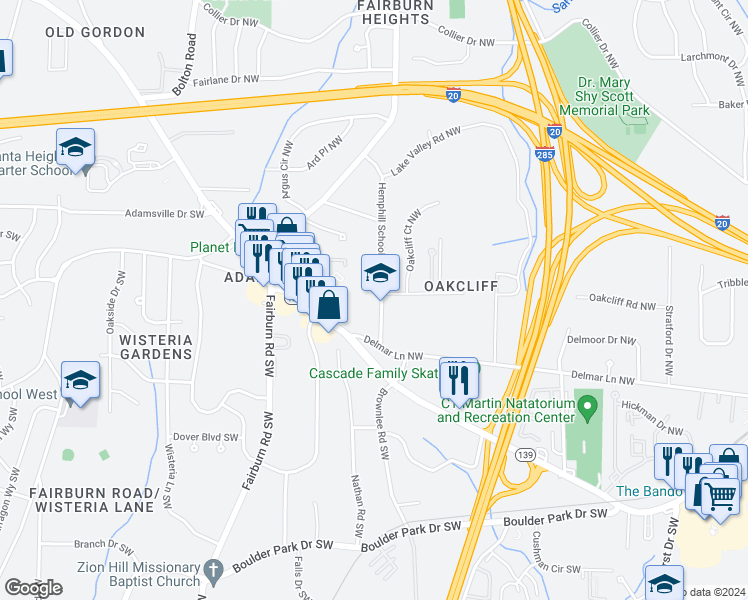 map of restaurants, bars, coffee shops, grocery stores, and more near 120 Hemphill School Road Northwest in Atlanta