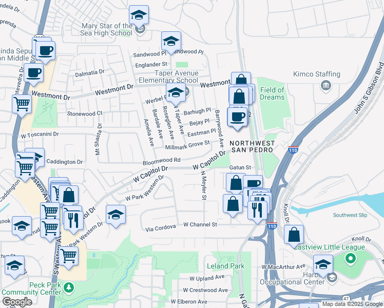 map of restaurants, bars, coffee shops, grocery stores, and more near 928 Bloomwood Road in Los Angeles
