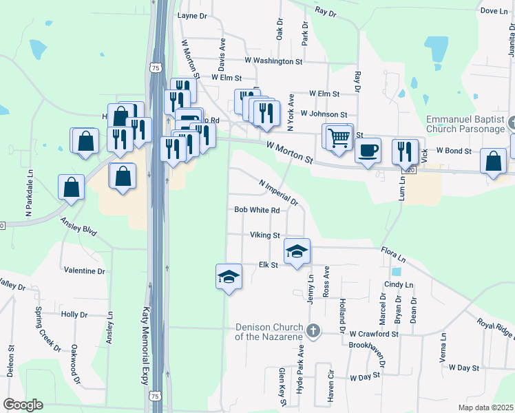 map of restaurants, bars, coffee shops, grocery stores, and more near 154 Chickadee Street in Denison