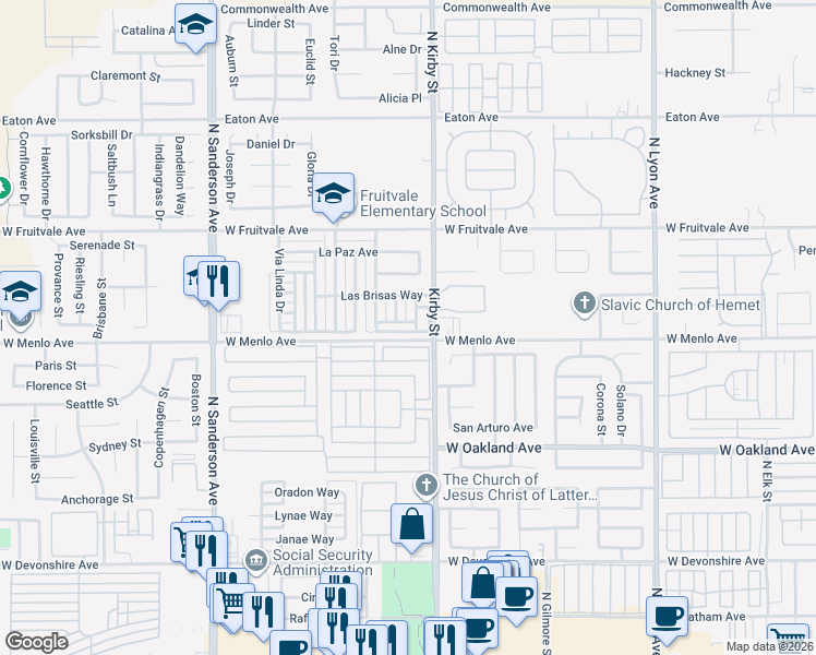 map of restaurants, bars, coffee shops, grocery stores, and more near 730 Rios Road in Hemet