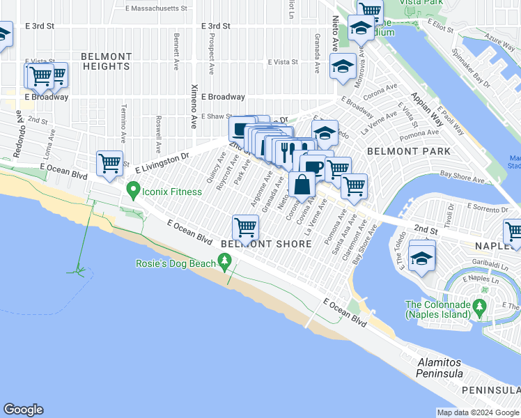 map of restaurants, bars, coffee shops, grocery stores, and more near 129 Granada Avenue in Long Beach