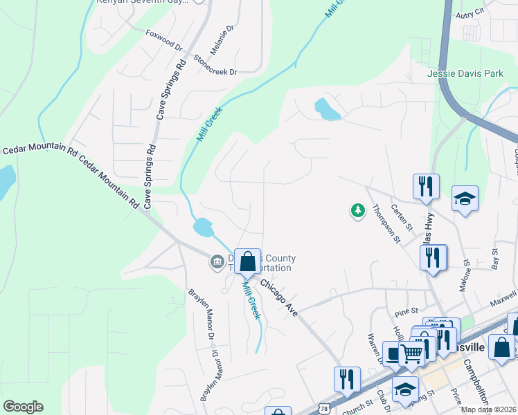 map of restaurants, bars, coffee shops, grocery stores, and more near 8121 Willowbank Way in Douglasville