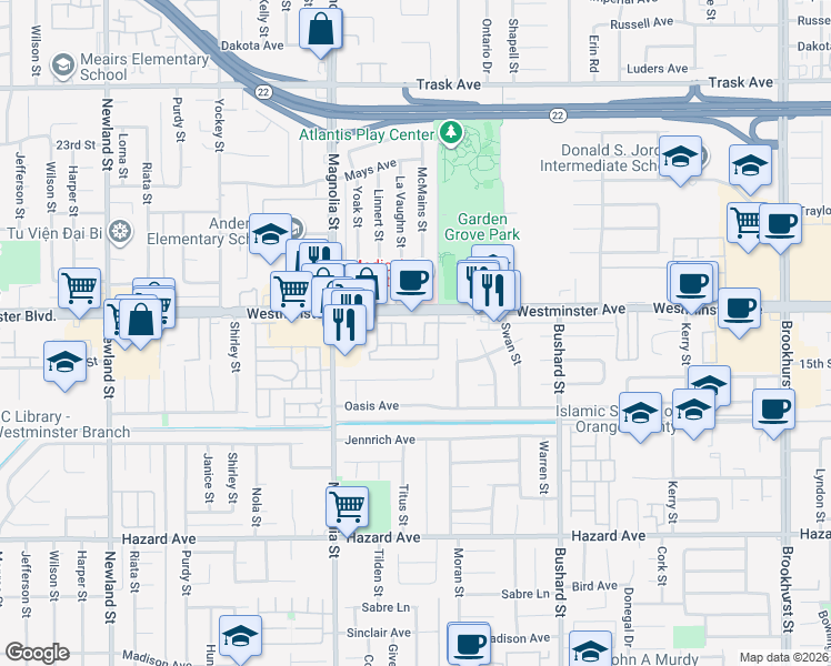 map of restaurants, bars, coffee shops, grocery stores, and more near 9200 Westminster Boulevard in Garden Grove
