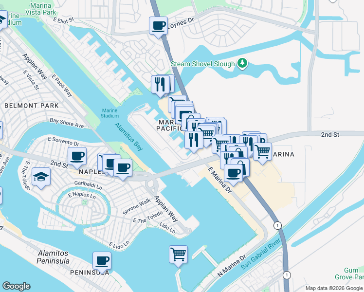 map of restaurants, bars, coffee shops, grocery stores, and more near 9103 Marina Pacifica Drive in Long Beach