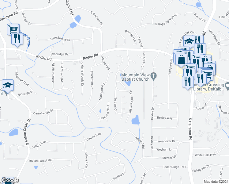 map of restaurants, bars, coffee shops, grocery stores, and more near 1201 To Lani Court in Stone Mountain
