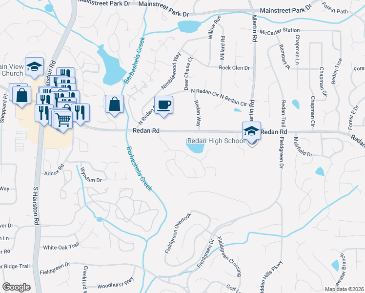 map of restaurants, bars, coffee shops, grocery stores, and more near 1232 Mill Lake Circle in Stone Mountain