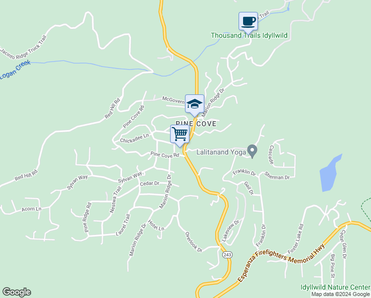 map of restaurants, bars, coffee shops, grocery stores, and more near in Idyllwild-Pine Cove