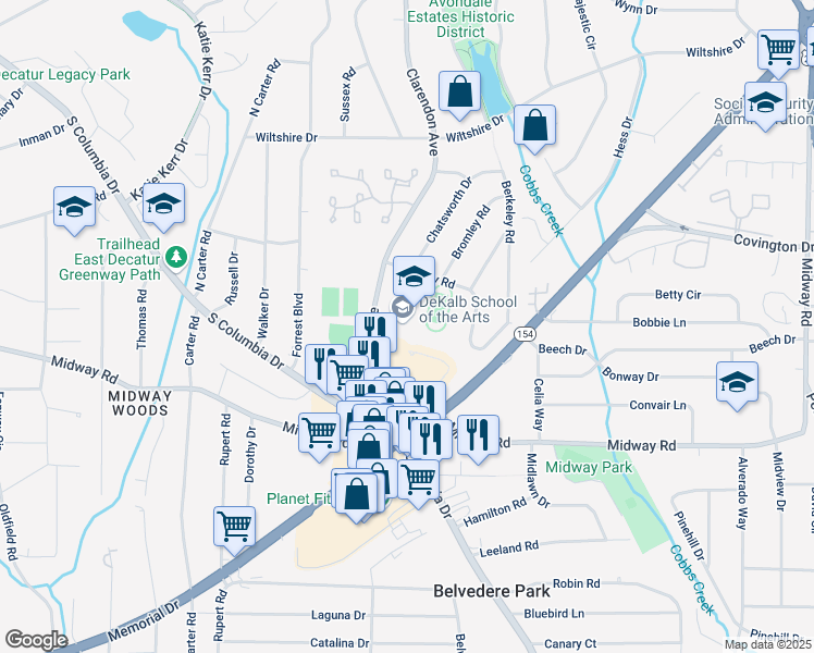 map of restaurants, bars, coffee shops, grocery stores, and more near 1192 Clarendon Avenue in Avondale Estates