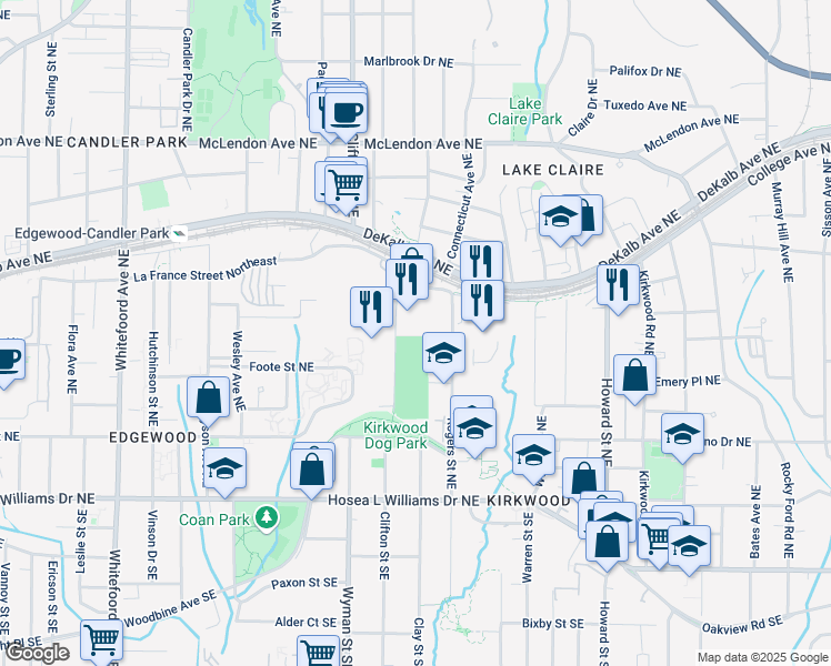 map of restaurants, bars, coffee shops, grocery stores, and more near 195 Arizona Avenue Northeast in Atlanta