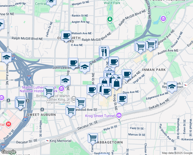 map of restaurants, bars, coffee shops, grocery stores, and more near 608 McGruder Street Northeast in Atlanta