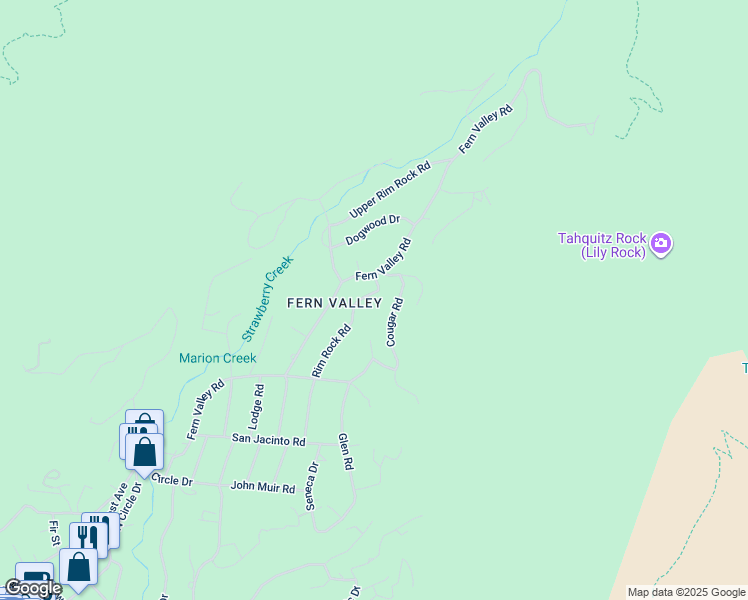 map of restaurants, bars, coffee shops, grocery stores, and more near 25001 Rim Rock Road in Idyllwild-Pine Cove