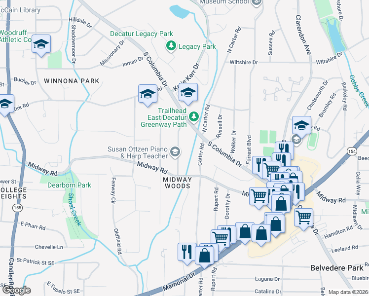 map of restaurants, bars, coffee shops, grocery stores, and more near 1220 Thomas Road in Decatur