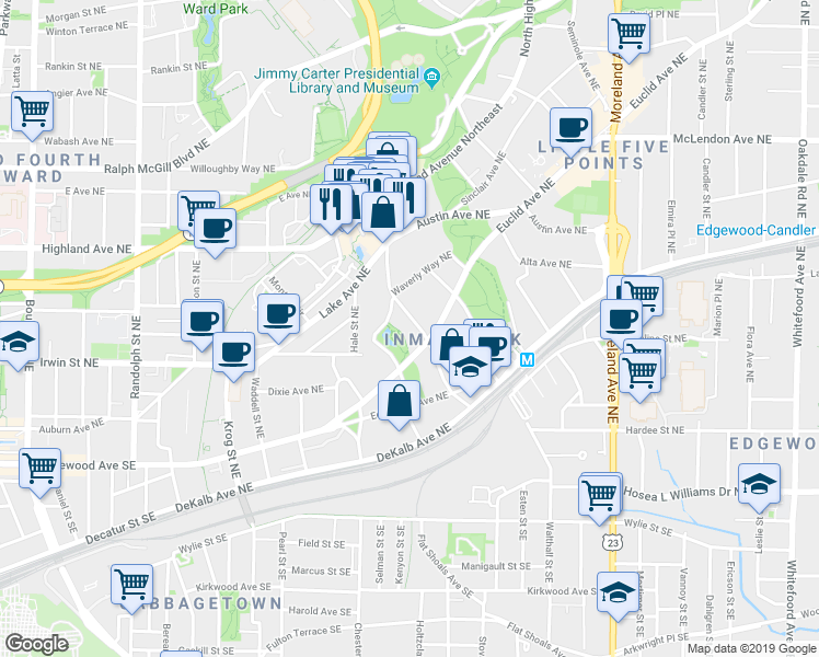 map of restaurants, bars, coffee shops, grocery stores, and more near 176 Elizabeth Street Northeast in Atlanta
