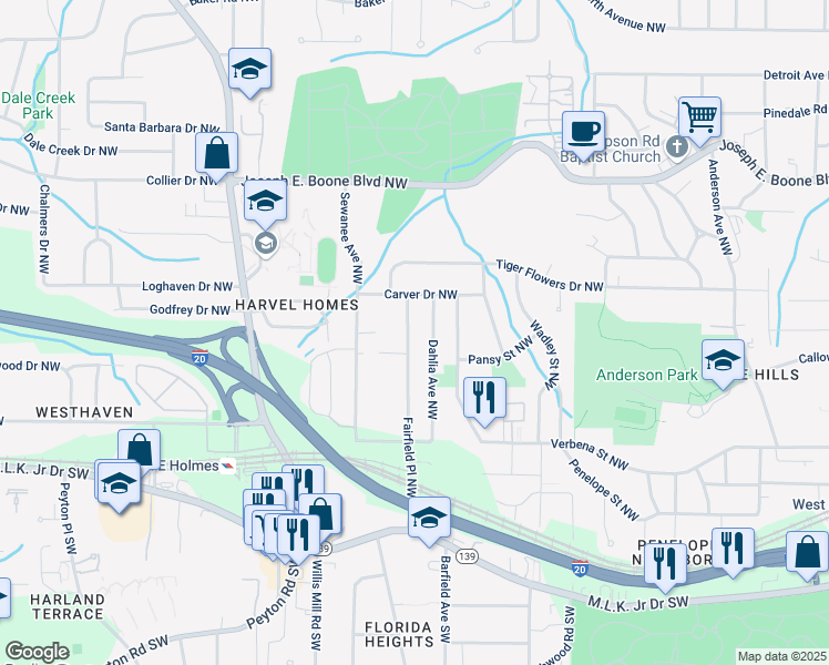 map of restaurants, bars, coffee shops, grocery stores, and more near 175 Fairfield Place Northwest in Atlanta