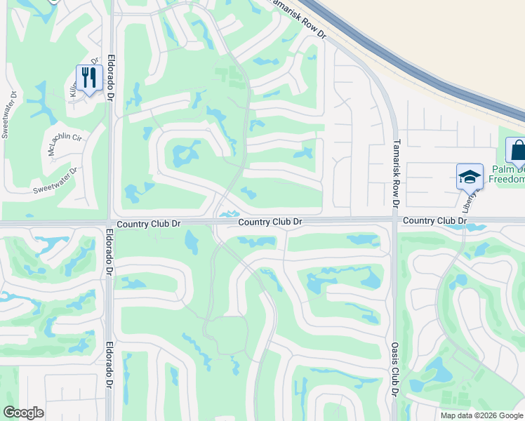 map of restaurants, bars, coffee shops, grocery stores, and more near 76532 Hollyhock Drive in Palm Desert